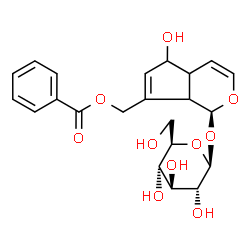 ChemSpider 2D Image | [(1S)-1-(beta-D-Glucopyranosyloxy)-5-hydroxy-1,4a,5,7a-tetrahydrocyclopenta[c]pyran-7-yl]methyl benzoate | C22H26O10