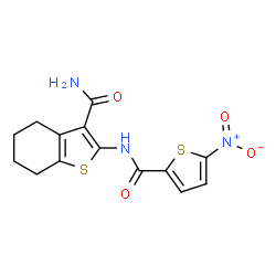 ChemSpider 2D Image | 2-{[(5-Nitro-2-thienyl)carbonyl]amino}-4,5,6,7-tetrahydro-1-benzothiophene-3-carboxamide | C14H13N3O4S2