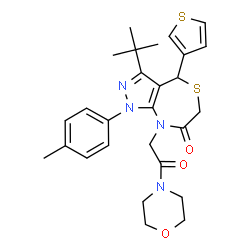 ChemSpider 2D Image | 1-(4-Methylphenyl)-3-(2-methyl-2-propanyl)-8-[2-(4-morpholinyl)-2-oxoethyl]-4-(3-thienyl)-4,8-dihydro-1H-pyrazolo[3,4-e][1,4]thiazepin-7(6H)-one | C27H32N4O3S2