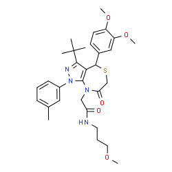 ChemSpider 2D Image | 2-[4-(3,4-Dimethoxyphenyl)-1-(3-methylphenyl)-3-(2-methyl-2-propanyl)-7-oxo-1,4,6,7-tetrahydro-8H-pyrazolo[3,4-e][1,4]thiazepin-8-yl]-N-(3-methoxypropyl)acetamide | C31H40N4O5S