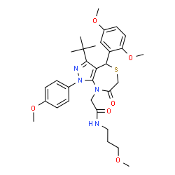 ChemSpider 2D Image | 2-[4-(2,5-Dimethoxyphenyl)-1-(4-methoxyphenyl)-3-(2-methyl-2-propanyl)-7-oxo-1,4,6,7-tetrahydro-8H-pyrazolo[3,4-e][1,4]thiazepin-8-yl]-N-(3-methoxypropyl)acetamide | C31H40N4O6S