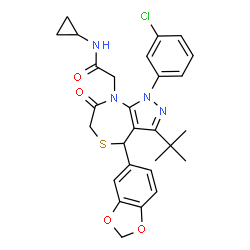 ChemSpider 2D Image | 2-[4-(1,3-Benzodioxol-5-yl)-1-(3-chlorophenyl)-3-(2-methyl-2-propanyl)-7-oxo-1,4,6,7-tetrahydro-8H-pyrazolo[3,4-e][1,4]thiazepin-8-yl]-N-cyclopropylacetamide | C28H29ClN4O4S