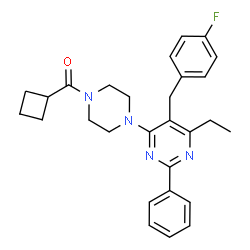 ChemSpider 2D Image | Cyclobutyl{4-[6-ethyl-5-(4-fluorobenzyl)-2-phenyl-4-pyrimidinyl]-1-piperazinyl}methanone | C28H31FN4O
