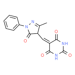 ChemSpider 2D Image | 5-[(3-Methyl-5-oxo-1-phenyl-4,5-dihydro-1H-pyrazol-4-yl)methylene]-2,4,6(1H,3H,5H)-pyrimidinetrione | C15H12N4O4