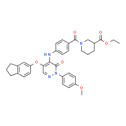 ChemSpider 2D Image | Ethyl 1-(4-{[5-(2,3-dihydro-1H-inden-5-yloxy)-2-(4-methoxyphenyl)-3-oxo-2,3-dihydro-4-pyridazinyl]amino}benzoyl)-3-piperidinecarboxylate | C35H36N4O6