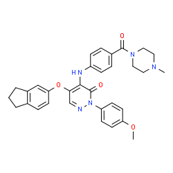 ChemSpider 2D Image | 5-(2,3-Dihydro-1H-inden-5-yloxy)-2-(4-methoxyphenyl)-4-({4-[(4-methyl-1-piperazinyl)carbonyl]phenyl}amino)-3(2H)-pyridazinone | C32H33N5O4