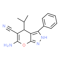 ChemSpider 2D Image | 6-Amino-4-isopropyl-3-phenyl-1,4-dihydropyrano[2,3-c]pyrazole-5-carbonitrile | C16H16N4O