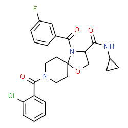 ChemSpider 2D Image | 8-(2-Chlorobenzoyl)-N-cyclopropyl-4-(3-fluorobenzoyl)-1-oxa-4,8-diazaspiro[4.5]decane-3-carboxamide | C25H25ClFN3O4