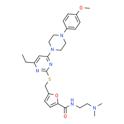 ChemSpider 2D Image | N-[2-(Dimethylamino)ethyl]-5-[({4-ethyl-6-[4-(4-methoxyphenyl)-1-piperazinyl]-2-pyrimidinyl}sulfanyl)methyl]-2-furamide | C27H36N6O3S