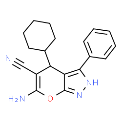 ChemSpider 2D Image | 6-Amino-4-cyclohexyl-3-phenyl-2,4-dihydropyrano[2,3-c]pyrazole-5-carbonitrile | C19H20N4O