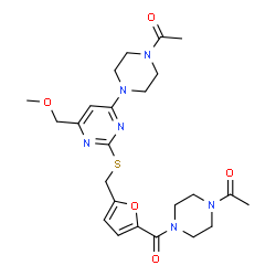 ChemSpider 2D Image | 1-(4-{2-[({5-[(4-Acetyl-1-piperazinyl)carbonyl]-2-furyl}methyl)sulfanyl]-6-(methoxymethyl)-4-pyrimidinyl}-1-piperazinyl)ethanone | C24H32N6O5S