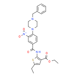 ChemSpider 2D Image | Ethyl 2-{[4-(4-benzyl-1-piperazinyl)-3-nitrobenzoyl]amino}-5-ethyl-3-thiophenecarboxylate | C27H30N4O5S
