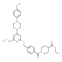 ChemSpider 2D Image | Ethyl 1-{4-[({4-(methoxymethyl)-6-[4-(4-methoxyphenyl)-1-piperazinyl]-2-pyrimidinyl}sulfanyl)methyl]benzoyl}-4-piperidinecarboxylate | C33H41N5O5S