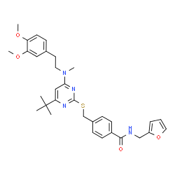 ChemSpider 2D Image | 4-({[4-{[2-(3,4-Dimethoxyphenyl)ethyl](methyl)amino}-6-(2-methyl-2-propanyl)-2-pyrimidinyl]sulfanyl}methyl)-N-(2-furylmethyl)benzamide | C32H38N4O4S