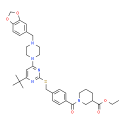 ChemSpider 2D Image | Ethyl 1-{4-[({4-[4-(1,3-benzodioxol-5-ylmethyl)-1-piperazinyl]-6-(2-methyl-2-propanyl)-2-pyrimidinyl}sulfanyl)methyl]benzoyl}-3-piperidinecarboxylate | C36H45N5O5S