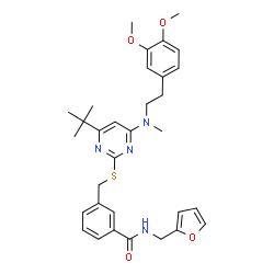 ChemSpider 2D Image | 3-({[4-{[2-(3,4-Dimethoxyphenyl)ethyl](methyl)amino}-6-(2-methyl-2-propanyl)-2-pyrimidinyl]sulfanyl}methyl)-N-(2-furylmethyl)benzamide | C32H38N4O4S