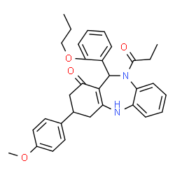 ChemSpider 2D Image | 3-(4-Methoxyphenyl)-10-propionyl-11-(2-propoxyphenyl)-2,3,4,5,10,11-hexahydro-1H-dibenzo[b,e][1,4]diazepin-1-one | C32H34N2O4
