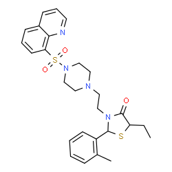 ChemSpider 2D Image | 5-Ethyl-2-(2-methylphenyl)-3-{2-[4-(8-quinolinylsulfonyl)-1-piperazinyl]ethyl}-1,3-thiazolidin-4-one | C27H32N4O3S2
