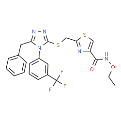 ChemSpider 2D Image | 2-[({5-Benzyl-4-[3-(trifluoromethyl)phenyl]-4H-1,2,4-triazol-3-yl}sulfanyl)methyl]-N-ethoxy-1,3-thiazole-4-carboxamide | C23H20F3N5O2S2