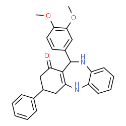 ChemSpider 2D Image | 11-(3,4-Dimethoxyphenyl)-3-phenyl-2,3,4,5,10,11-hexahydro-1H-dibenzo[b,e][1,4]diazepin-1-one | C27H26N2O3