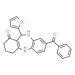 ChemSpider 2D Image | 8-Benzoyl-11-furan-2-yl-2,3,4,5,10,11-hexahydro-dibenzo[b,e][1,4]diazepin-1-one | C24H20N2O3