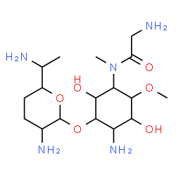 ChemSpider 2D Image | N-(4-Amino-3-{[3-amino-6-(1-aminoethyl)tetrahydro-2H-pyran-2-yl]oxy}-2,5-dihydroxy-6-methoxycyclohexyl)-N-methylglycinamide | C17H35N5O6