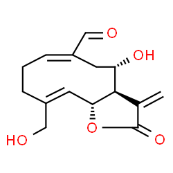 ChemSpider 2D Image | (3aR,4S,6E,10Z,11aR)-4-Hydroxy-10-(hydroxymethyl)-3-methylene-2-oxo-2,3,3a,4,5,8,9,11a-octahydrocyclodeca[b]furan-6-carbaldehyde | C15H18O5