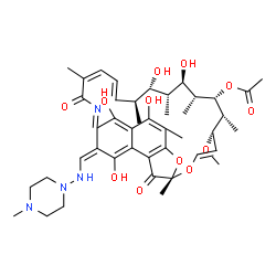 ChemSpider 2D Image | (7S,9E,11S,12R,13S,14R,15R,16R,17S,18S,19E,21Z,26Z)-2,15,17,27,29-Pentahydroxy-11-methoxy-3,7,12,14,16,18,22-heptamethyl-26-{[(4-methyl-1-piperazinyl)amino]methylene}-6,23-dioxo-8,30-dioxa-24-azatetra
cyclo[23.3.1.1~4,7~.0~5,28~]triaconta-1(29),2,4,9,19,21,24,27-octaen-13-yl acetate | C43H58N4O12