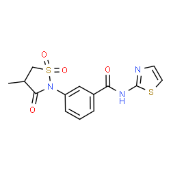 ChemSpider 2D Image | 3-(4-Methyl-1,1-dioxido-3-oxo-1,2-thiazolidin-2-yl)-N-(1,3-thiazol-2-yl)benzamide | C14H13N3O4S2