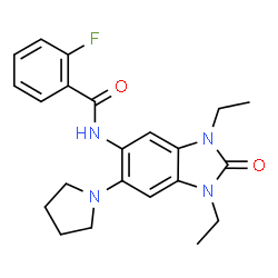 ChemSpider 2D Image | N-[1,3-Diethyl-2-oxo-6-(1-pyrrolidinyl)-2,3-dihydro-1H-benzimidazol-5-yl]-2-fluorobenzamide | C22H25FN4O2