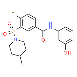 ChemSpider 2D Image | 4-Fluoro-N-(3-hydroxyphenyl)-3-[(4-methyl-1-piperidinyl)sulfonyl]benzamide | C19H21FN2O4S
