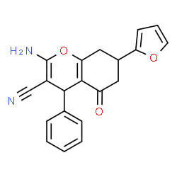 ChemSpider 2D Image | 2-Amino-7-(2-furyl)-5-oxo-4-phenyl-5,6,7,8-tetrahydro-4H-chromene-3-carbonitrile | C20H16N2O3