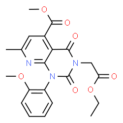 ChemSpider 2D Image | Methyl 3-(2-ethoxy-2-oxoethyl)-1-(2-methoxyphenyl)-7-methyl-2,4-dioxo-1,2,3,4-tetrahydropyrido[2,3-d]pyrimidine-5-carboxylate | C21H21N3O7