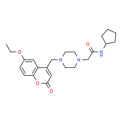 ChemSpider 2D Image | N-Cyclopentyl-2-{4-[(6-ethoxy-2-oxo-2H-chromen-4-yl)methyl]-1-piperazinyl}acetamide | C23H31N3O4