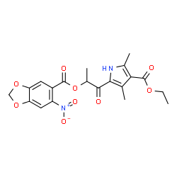 ChemSpider 2D Image | Ethyl 2,4-dimethyl-5-(2-{[(6-nitro-1,3-benzodioxol-5-yl)carbonyl]oxy}propanoyl)-1H-pyrrole-3-carboxylate | C20H20N2O9