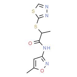 ChemSpider 2D Image | N-(5-Methyl-1,2-oxazol-3-yl)-2-(1,3,4-thiadiazol-2-ylsulfanyl)propanamide | C9H10N4O2S2