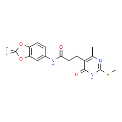 ChemSpider 2D Image | N-(2,2-Difluoro-1,3-benzodioxol-5-yl)-3-[4-methyl-2-(methylsulfanyl)-6-oxo-1,6-dihydro-5-pyrimidinyl]propanamide | C16H15F2N3O4S