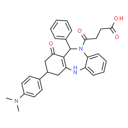 ChemSpider 2D Image | 4-{3-[4-(Dimethylamino)phenyl]-1-oxo-11-phenyl-1,2,3,4,5,11-hexahydro-10H-dibenzo[b,e][1,4]diazepin-10-yl}-4-oxobutanoic acid | C31H31N3O4