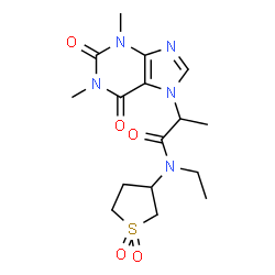 ChemSpider 2D Image | 2-(1,3-Dimethyl-2,6-dioxo-1,2,3,6-tetrahydro-7H-purin-7-yl)-N-(1,1-dioxidotetrahydro-3-thiophenyl)-N-ethylpropanamide | C16H23N5O5S
