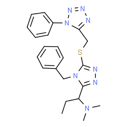 ChemSpider 2D Image | 1-(4-Benzyl-5-{[(1-phenyl-1H-tetrazol-5-yl)methyl]sulfanyl}-4H-1,2,4-triazol-3-yl)-N,N-dimethyl-1-propanamine | C22H26N8S