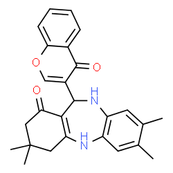 ChemSpider 2D Image | 3,3,7,8-Tetramethyl-11-(4-oxo-4H-chromen-3-yl)-2,3,4,5,10,11-hexahydro-1H-dibenzo[b,e][1,4]diazepin-1-one | C26H26N2O3