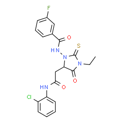 ChemSpider 2D Image | N-(5-{2-[(2-Chlorophenyl)amino]-2-oxoethyl}-3-ethyl-4-oxo-2-thioxo-1-imidazolidinyl)-3-fluorobenzamide | C20H18ClFN4O3S
