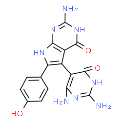 ChemSpider 2D Image | 2-Amino-5-(2,4-diamino-6-oxo-1,6-dihydro-5-pyrimidinyl)-6-(4-hydroxyphenyl)-1,7-dihydro-4H-pyrrolo[2,3-d]pyrimidin-4-one | C16H14N8O3