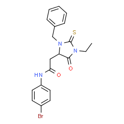 ChemSpider 2D Image | 2-(3-Benzyl-1-ethyl-5-oxo-2-thioxo-4-imidazolidinyl)-N-(4-bromophenyl)acetamide | C20H20BrN3O2S