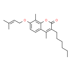 ChemSpider 2D Image | 3-Hexyl-4,8-dimethyl-7-[(3-methyl-2-buten-1-yl)oxy]-2H-chromen-2-one | C22H30O3