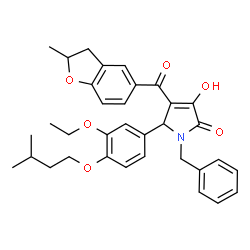 ChemSpider 2D Image | 1-Benzyl-5-[3-ethoxy-4-(3-methylbutoxy)phenyl]-3-hydroxy-4-[(2-methyl-2,3-dihydro-1-benzofuran-5-yl)carbonyl]-1,5-dihydro-2H-pyrrol-2-one | C34H37NO6