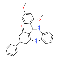 ChemSpider 2D Image | 11-(2,4-Dimethoxyphenyl)-3-phenyl-2,3,4,5,10,11-hexahydro-1H-dibenzo[b,e][1,4]diazepin-1-one | C27H26N2O3