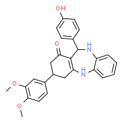 ChemSpider 2D Image | 3-(3,4-Dimethoxyphenyl)-11-(4-hydroxyphenyl)-2,3,4,5,10,11-hexahydro-1H-dibenzo[b,e][1,4]diazepin-1-one | C27H26N2O4