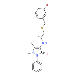 ChemSpider 2D Image | 2-[(3-Bromobenzyl)sulfanyl]-N-(1,5-dimethyl-3-oxo-2-phenyl-2,3-dihydro-1H-pyrazol-4-yl)acetamide | C20H20BrN3O2S