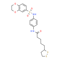 ChemSpider 2D Image | N-{4-[(2,3-Dihydro-1,4-benzodioxin-6-ylsulfonyl)amino]phenyl}-5-(1,2-dithiolan-3-yl)pentanamide | C22H26N2O5S3